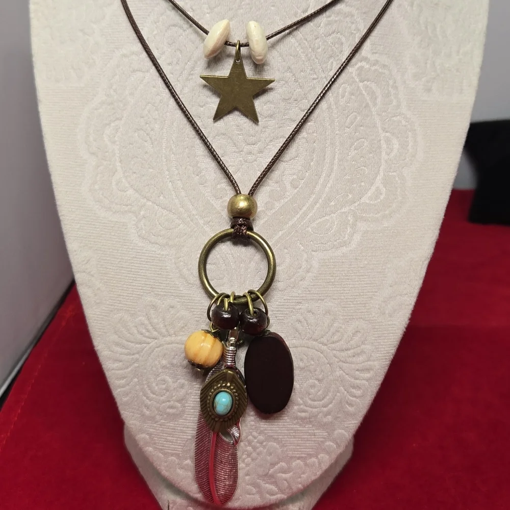 Layered Boho Necklace Feather Turquoise Wood Star Western Southwestern Charms